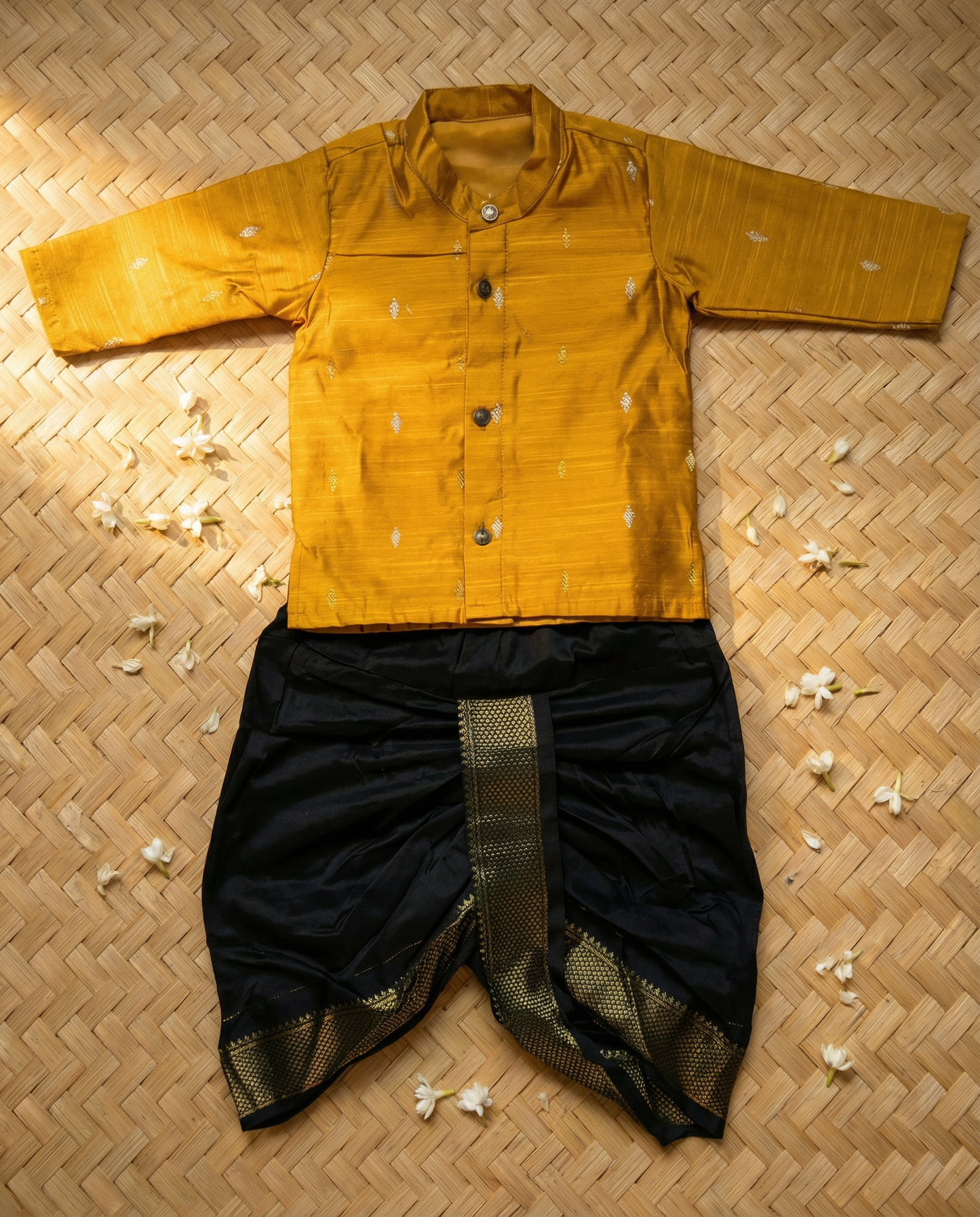 Golden yellow kurta and Black Dhoti for Boys – Traditional Ethnic Wear for Baby Boy