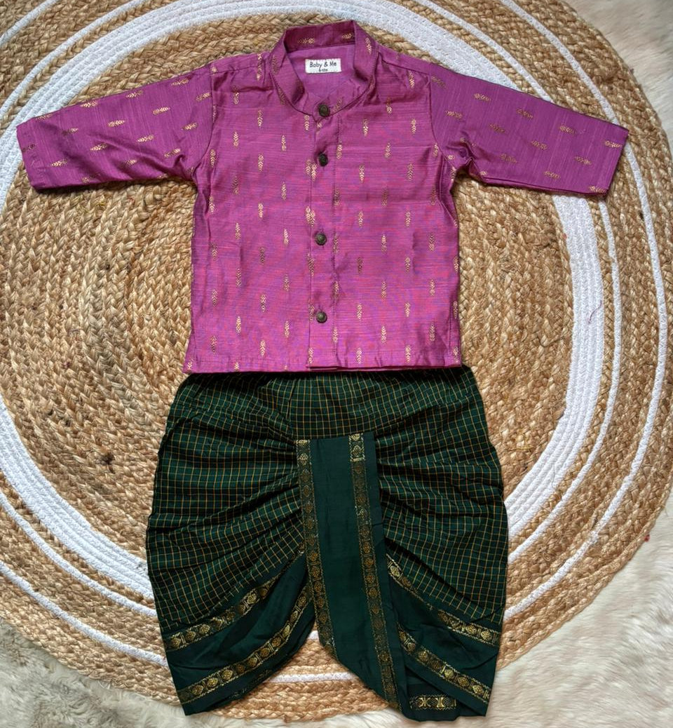 Rose pink kurta and bottle green checked Dhoti for Boys – Traditional Ethnic Wear for Baby Boy