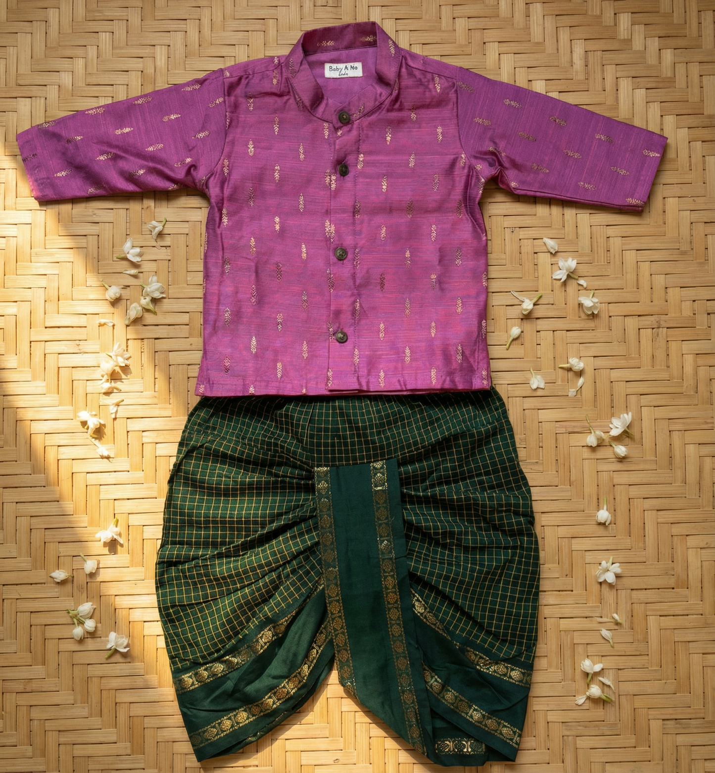 Rose pink kurta and bottle green checked Dhoti for Boys – Traditional Ethnic Wear for Baby Boy