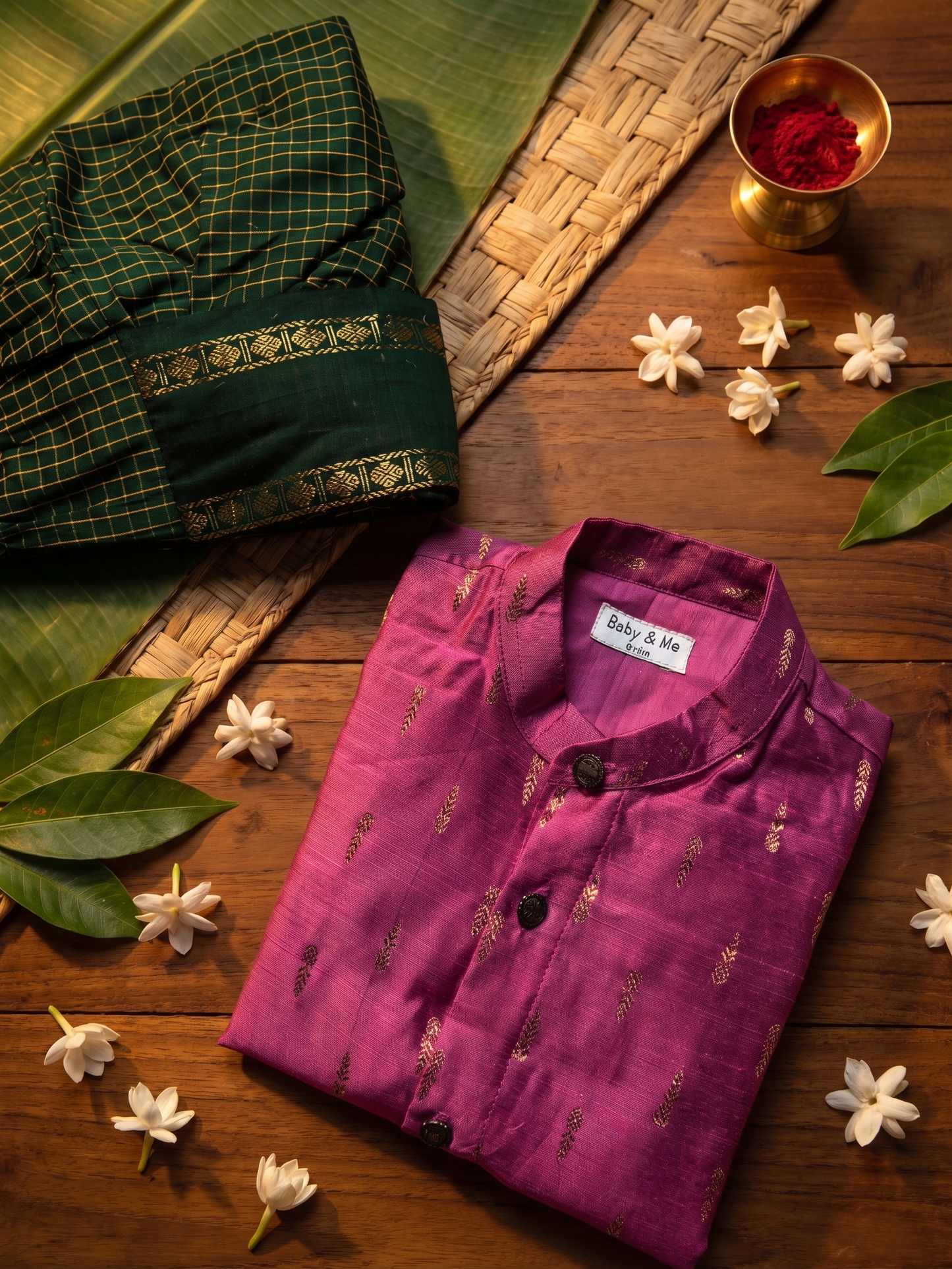Rose pink kurta and bottle green checked Dhoti for Boys – Traditional Ethnic Wear for Baby Boy