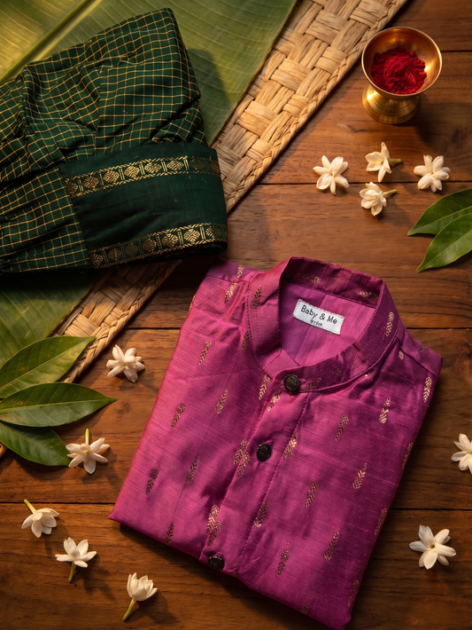 Rose pink kurta and bottle green checked Dhoti for Boys – Traditional Ethnic Wear for Baby Boy