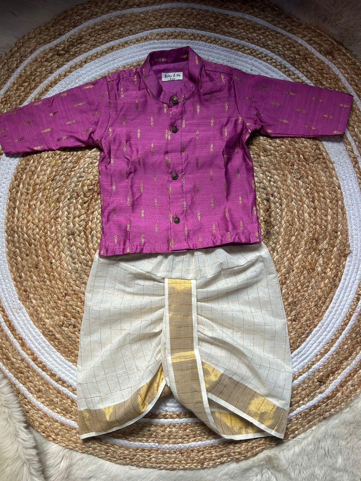 Classy pink kurta and white checked Dhoti for Boys – Traditional Ethnic Wear for Baby Boy