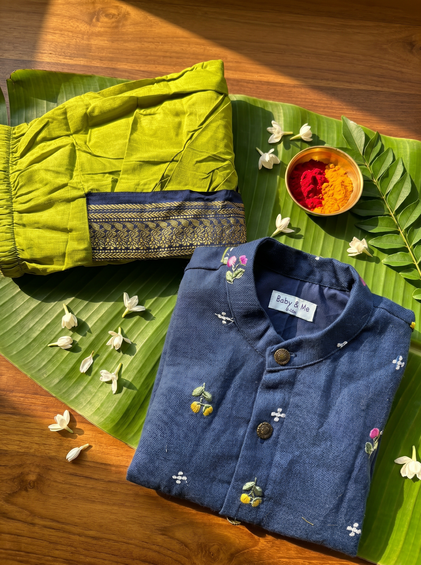 Pure Linen Navy blue Kurta and green Dhoti for baby boy