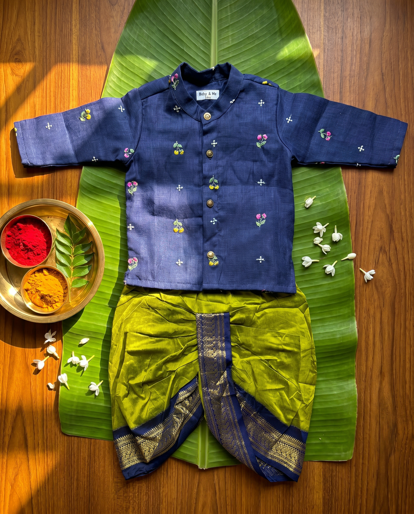 Pure Linen Navy blue Kurta and green Dhoti for baby boy