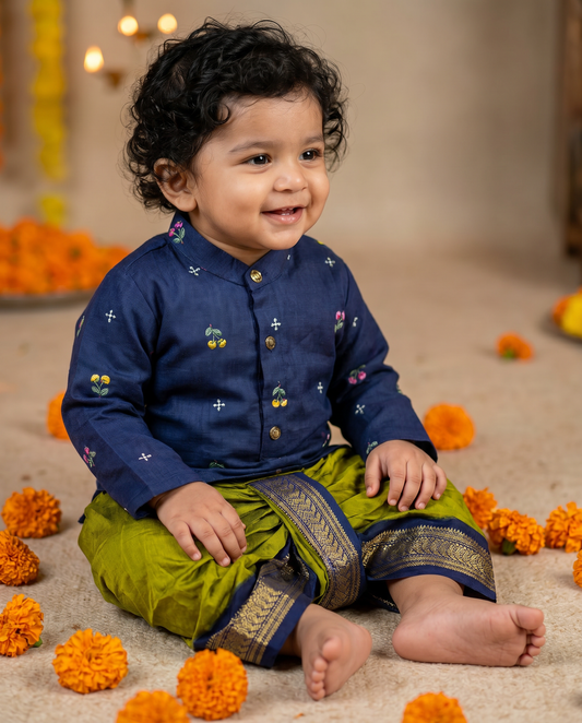 Pure Linen Navy blue Kurta and green Dhoti for baby boy