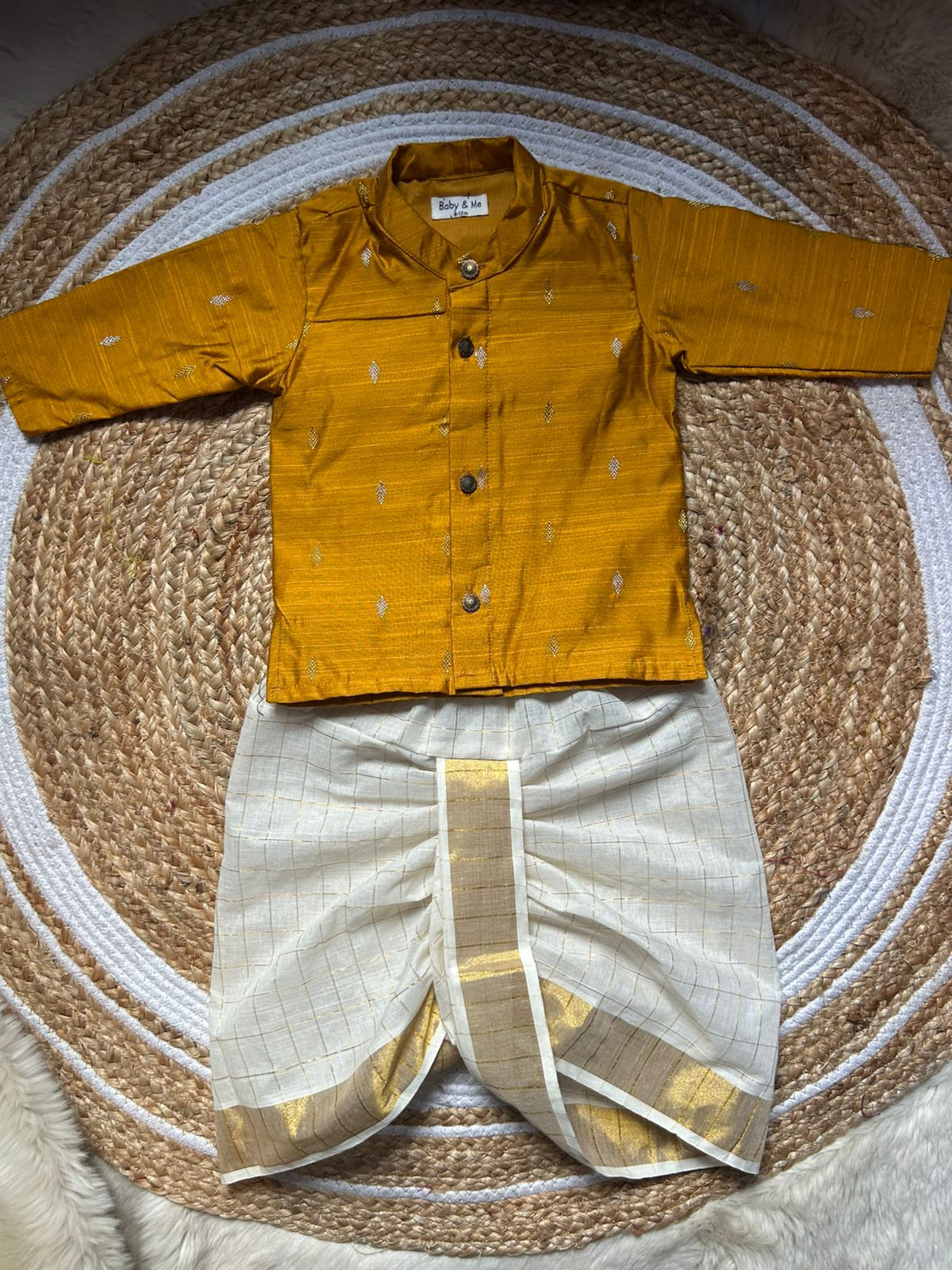 Golden yellow kurta and white checked Dhoti for Boys – Traditional Ethnic Wear for Baby Boy