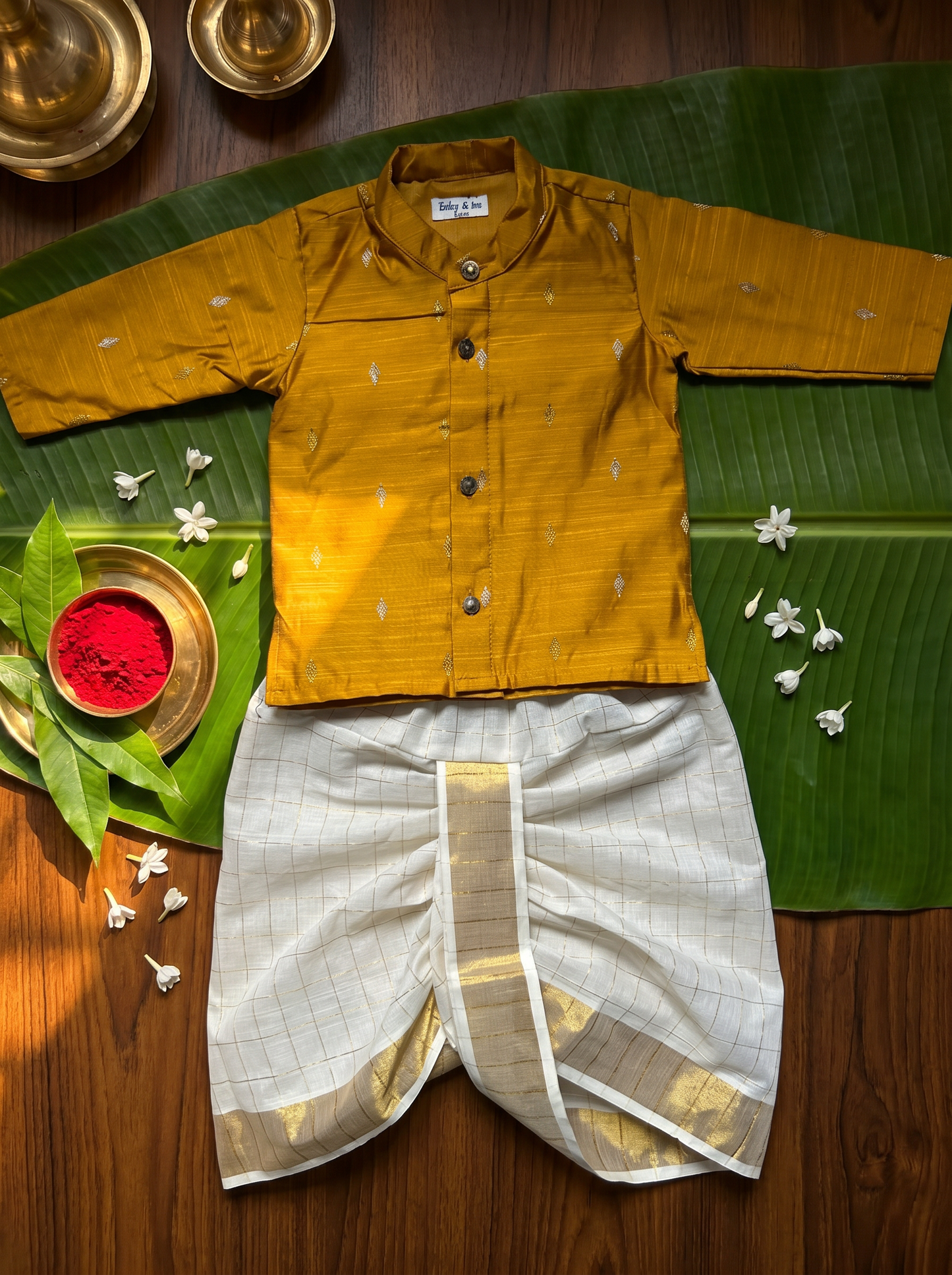 Golden yellow kurta and white checked Dhoti for Boys – Traditional Ethnic Wear for Baby Boy