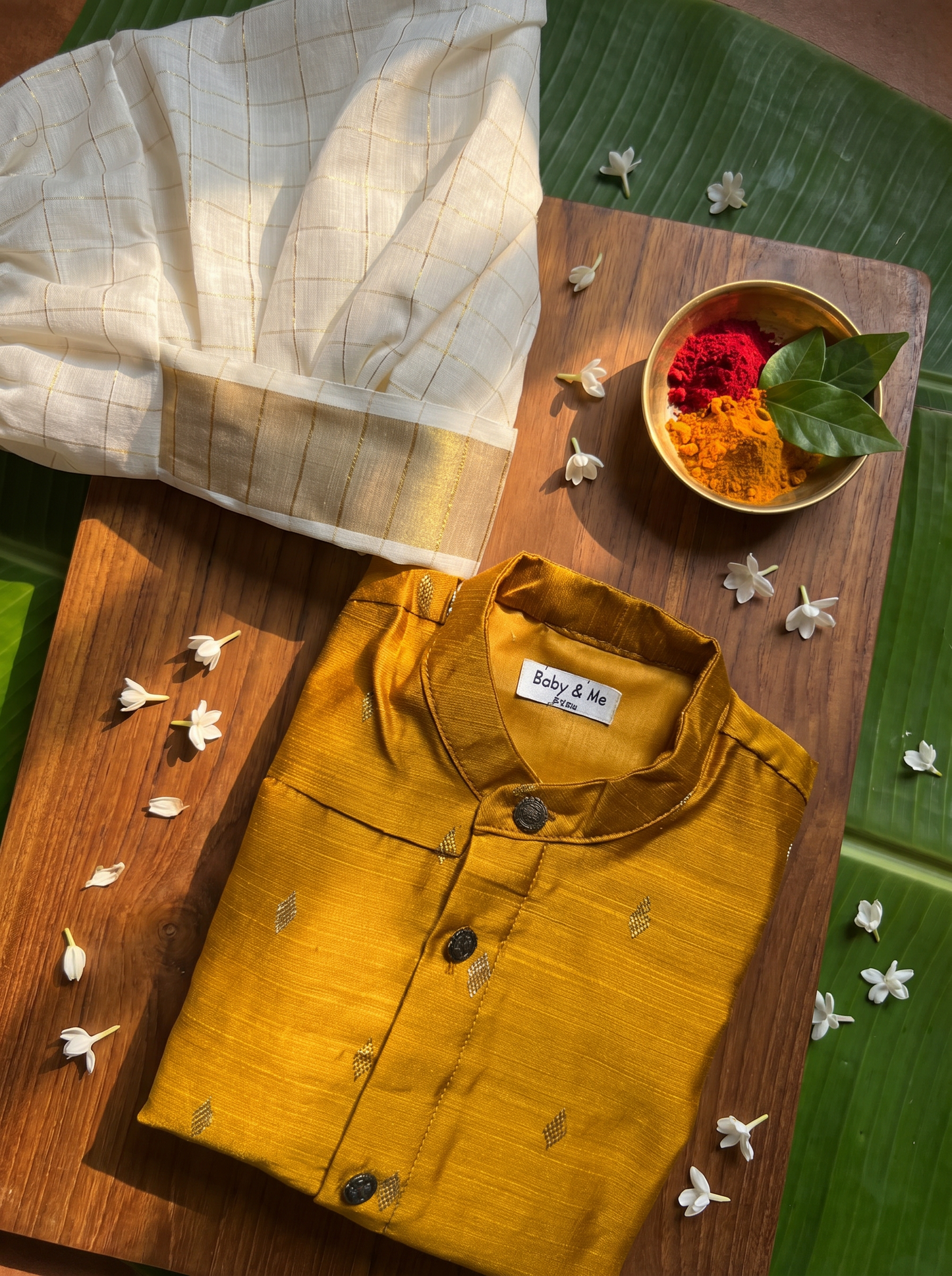 Golden yellow kurta and white checked Dhoti for Boys – Traditional Ethnic Wear for Baby Boy