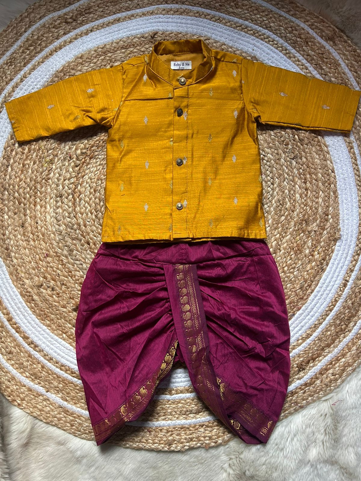 Golden yellow kurta and grape zari border Dhoti for Boys – Traditional Ethnic Wear for Baby Boy