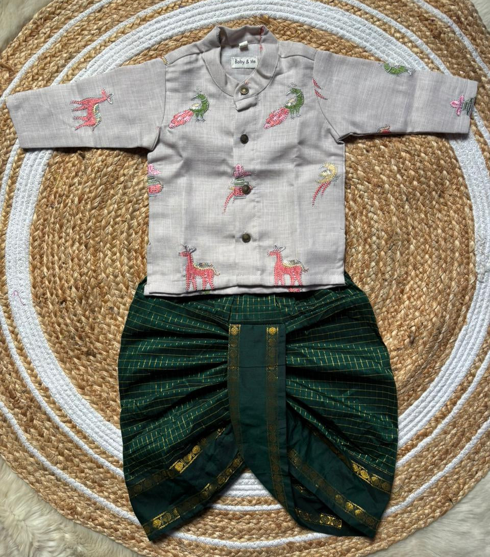 Misty grey Linen Kurta and Bottle green checked dhoti ethnic wear for baby boy