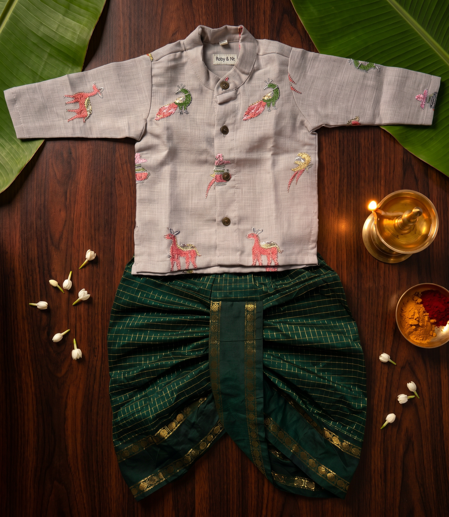 Misty grey Linen Kurta and Bottle green checked dhoti ethnic wear for baby boy