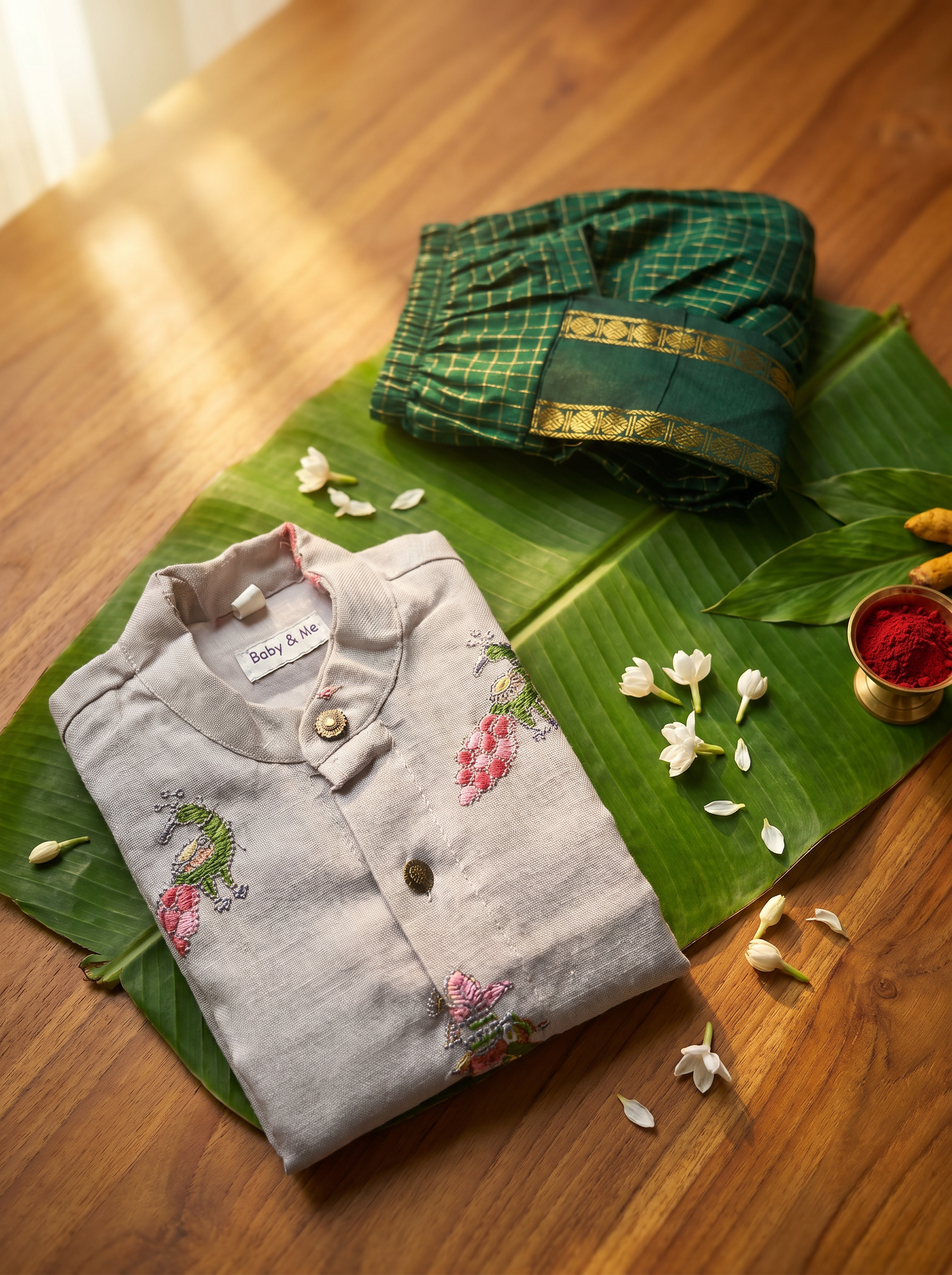 Misty grey Linen Kurta and Bottle green checked dhoti ethnic wear for baby boy