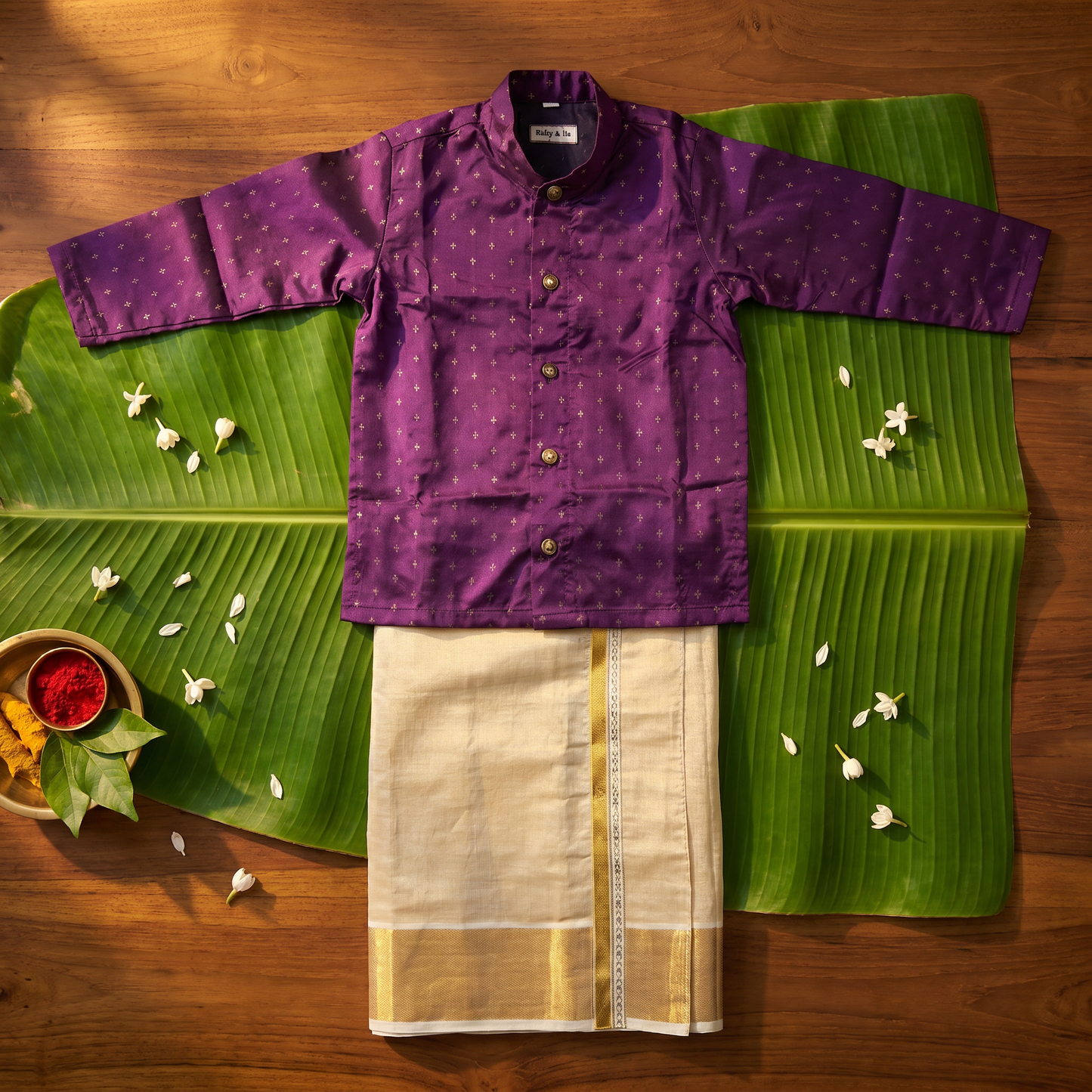 Wine Semi-Silk Kurta & Reshme Beige gold vesti for baby boy