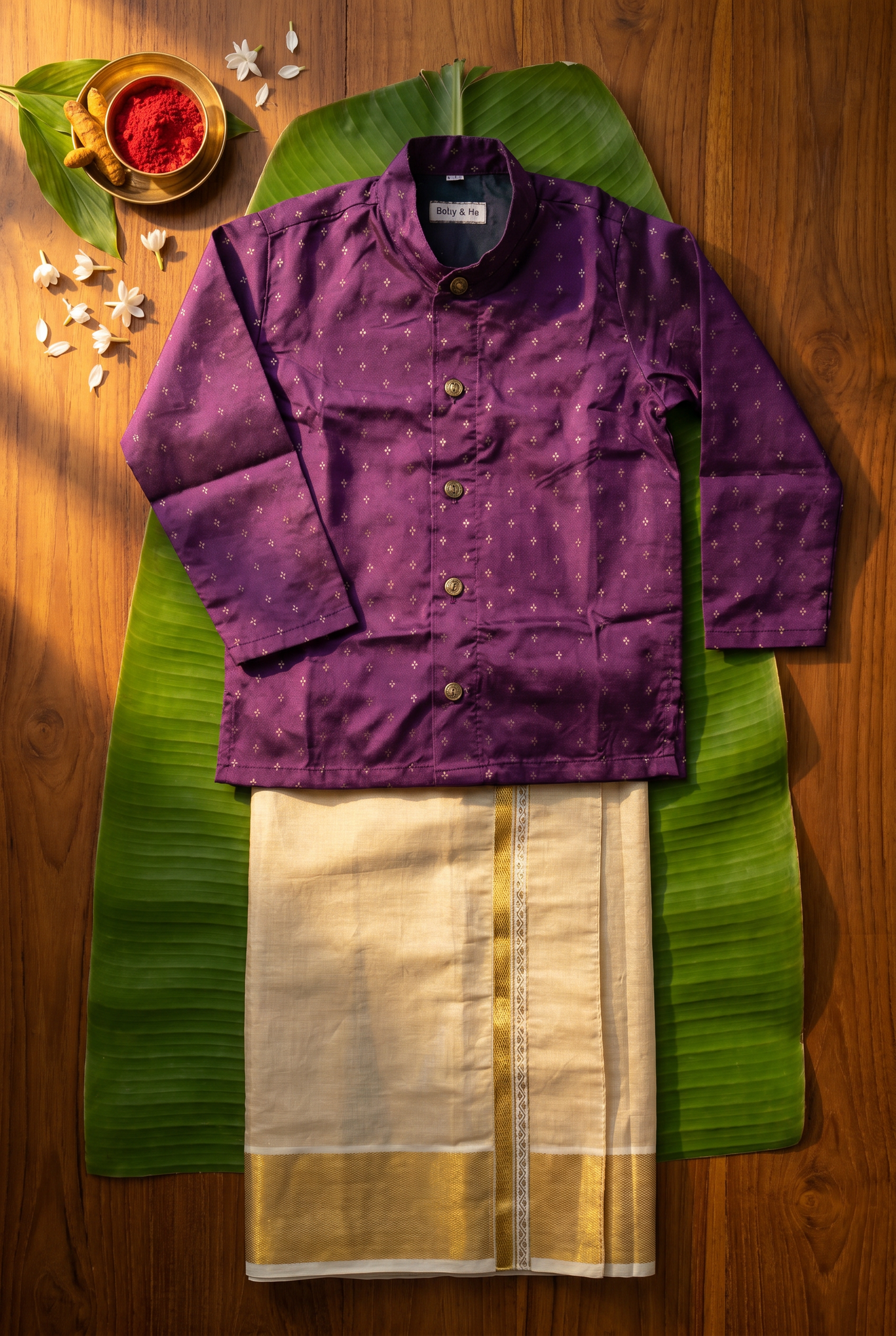 Wine Semi-Silk Kurta & Reshme Beige gold vesti for baby boy