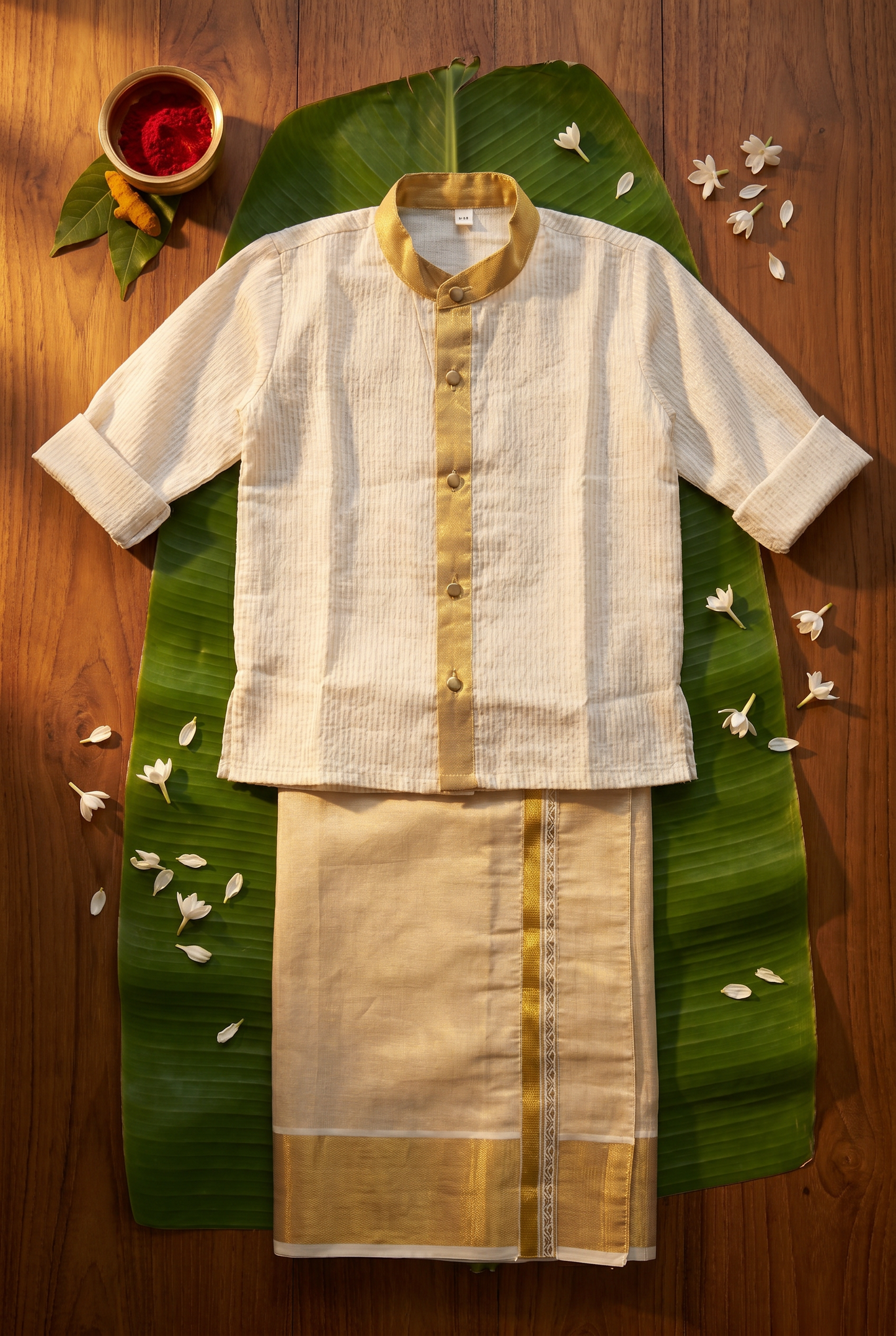 White with gold Kurta and Reshme Beige gold vesti for baby boy