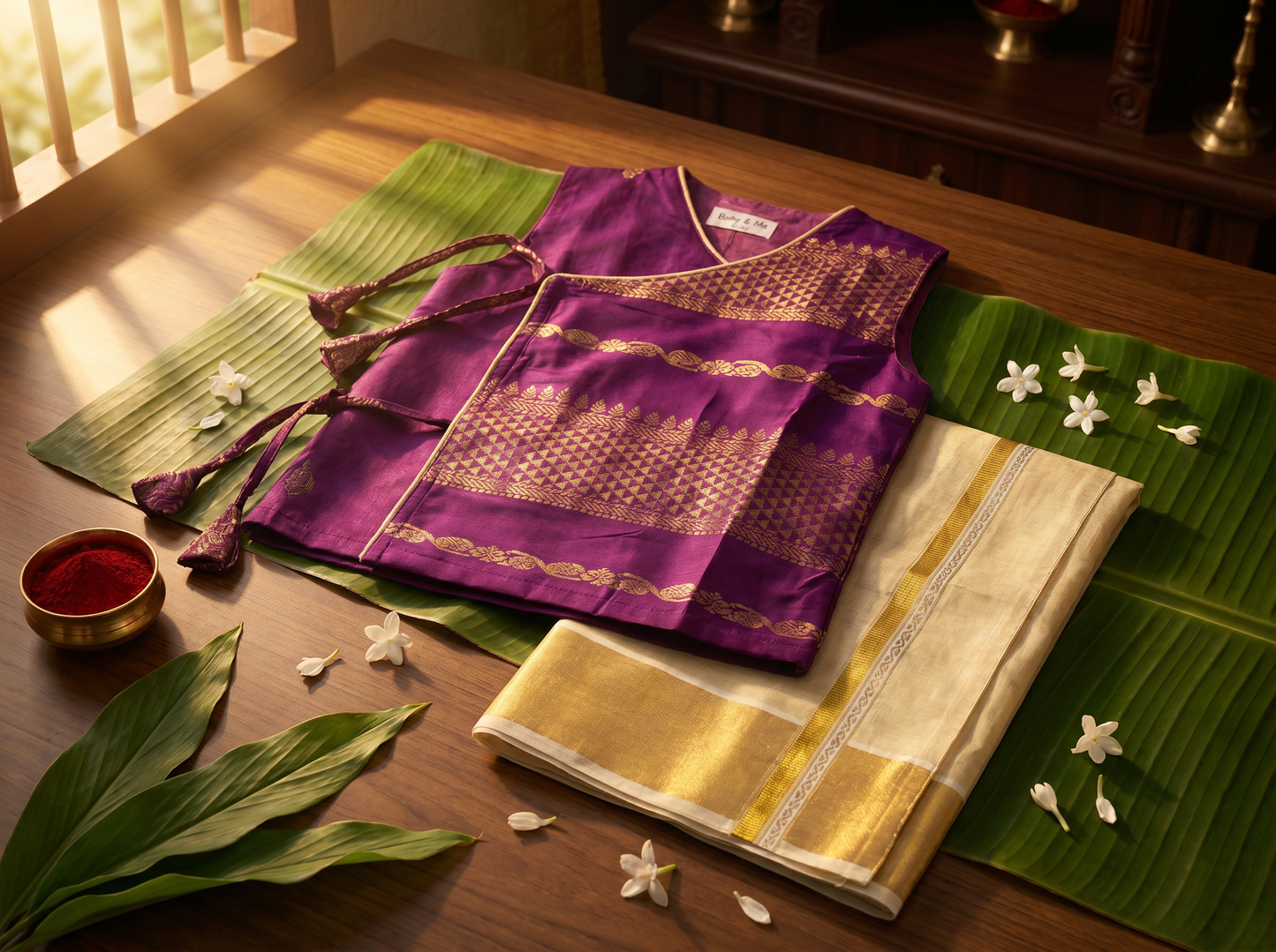 Royal wine Angrakha Kurta & Reshme Beige Gold Vesti for Baby Boy