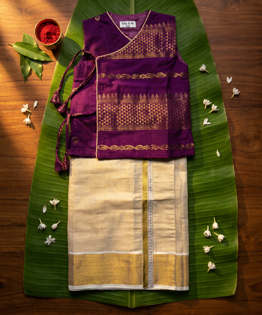 Royal wine Angrakha Kurta & Reshme Beige Gold Vesti for Baby Boy