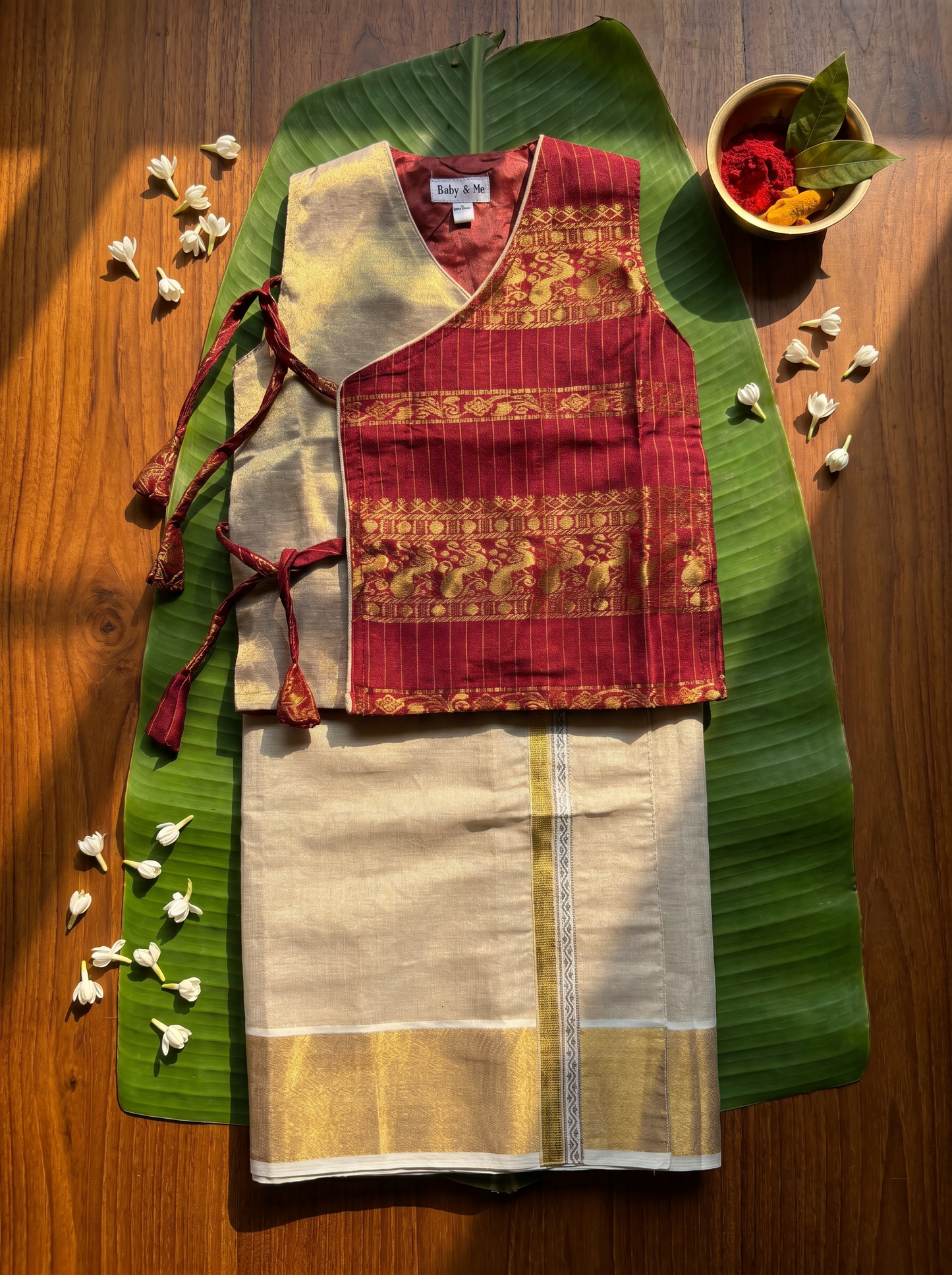 Royal Maroon Angrakha Kurta & Reshme Beige gold vesti for baby boy