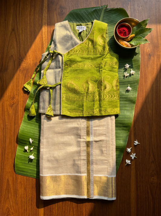 Parrot green Angrakha Kurta & Reshme Beige gold vesti for baby boy