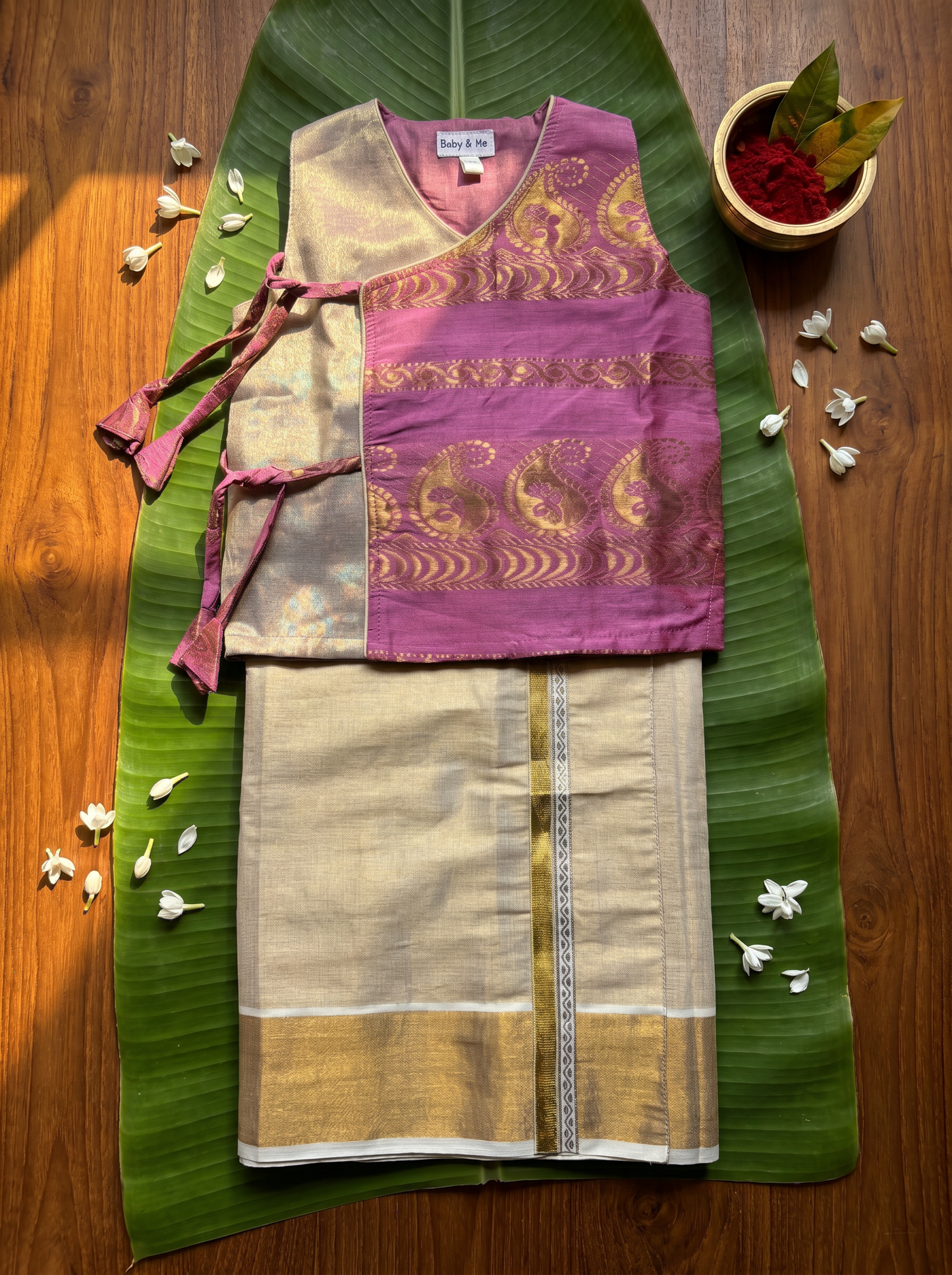 Onion pink Angrakha Kurta & Reshme Beige gold vesti for baby boy