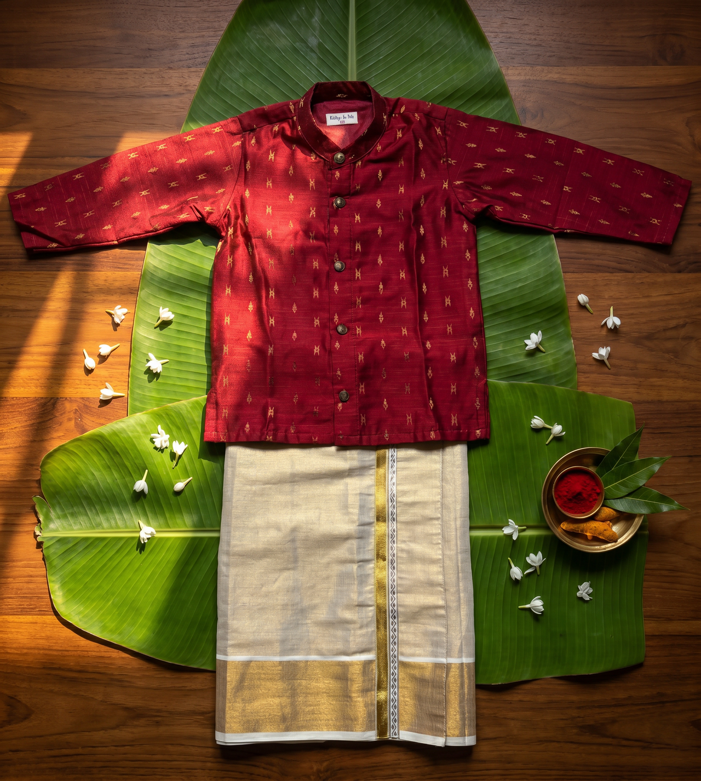Maroon Kurta & Reshme Beige gold vesti for baby boy