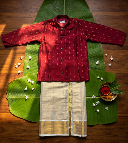 Maroon Kurta & Reshme Beige gold vesti for baby boy