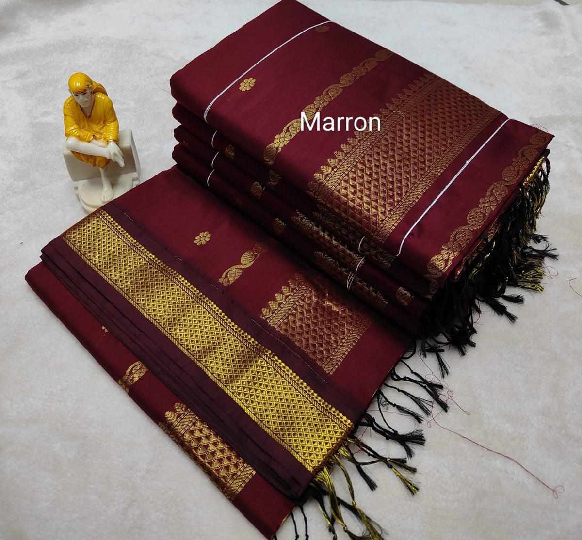 Maroon with gold zari border -  Premium Cotton Silk Saree with Contrast Blouse