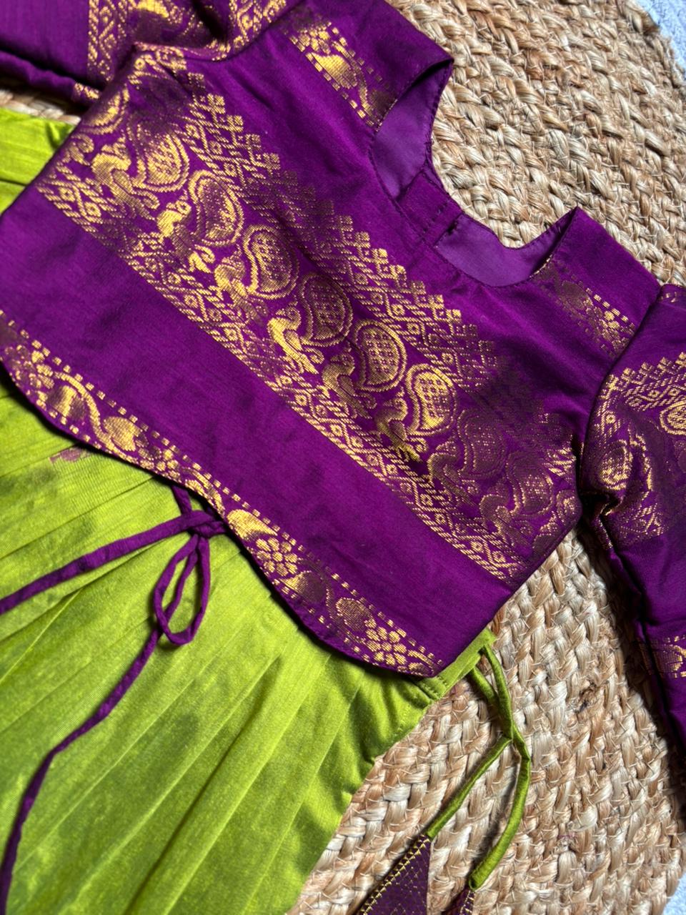 Green and Wine traditional full sleeve pavadai set for Baby Girl