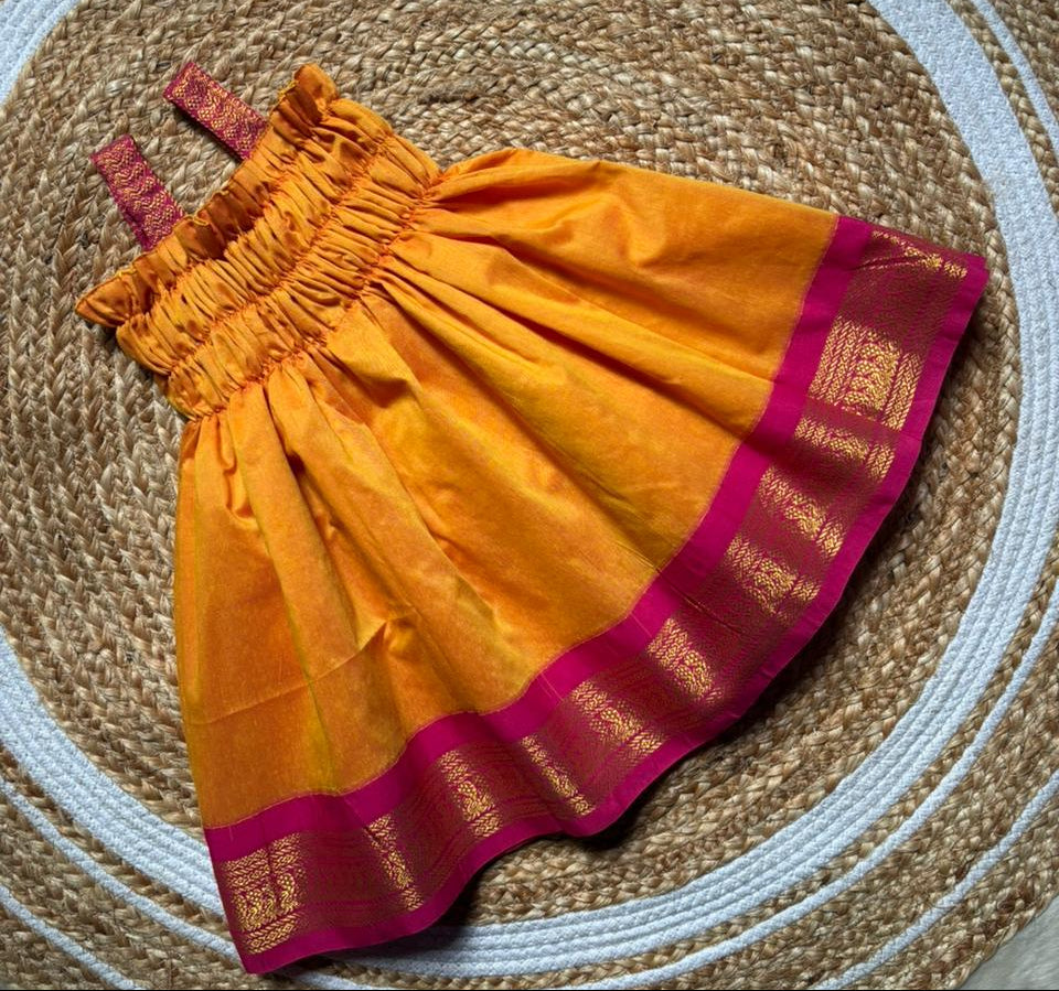 Mango yellow with pink frock South Indian ethnic wear for baby girl