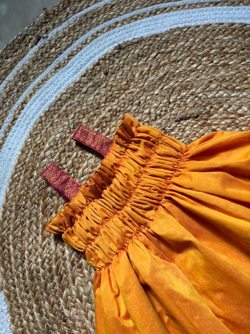 Mango yellow with pink frock South Indian ethnic wear for baby girl