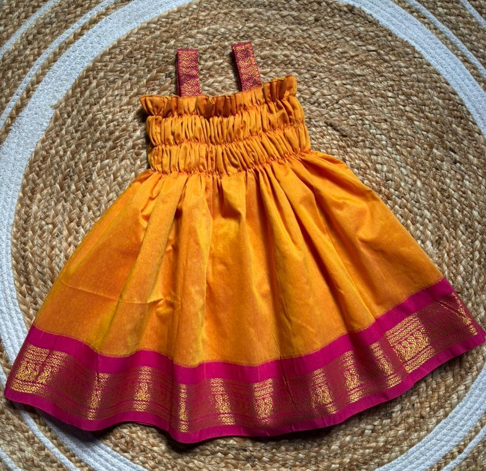 Mango yellow with pink frock South Indian ethnic wear for baby girl