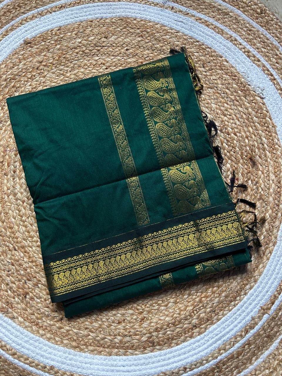 Bottle Green  Premium Cotton Silk Saree with Contrast Blouse
