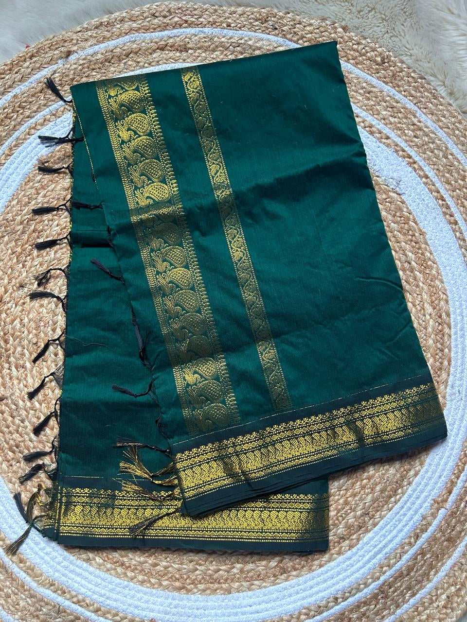 Bottle Green  Premium Cotton Silk Saree with Contrast Blouse