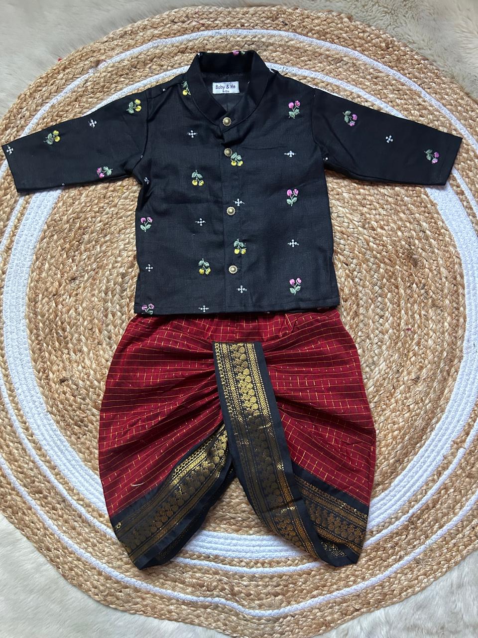 Pure Linen Black Kurta with Maroon with black border Dhoti for baby boy