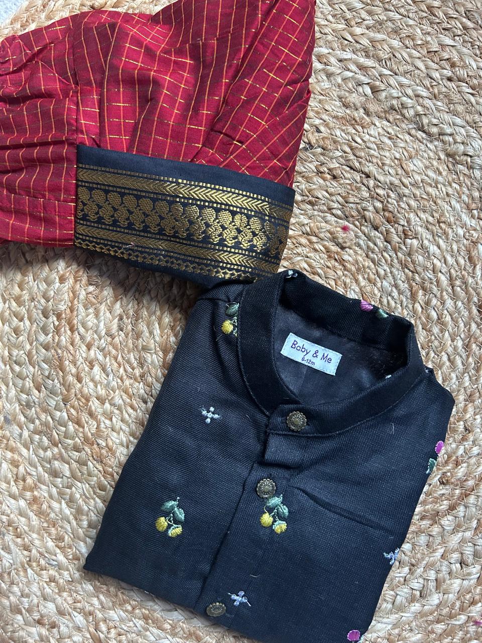 Pure Linen Black Kurta with Maroon with black border Dhoti for baby boy