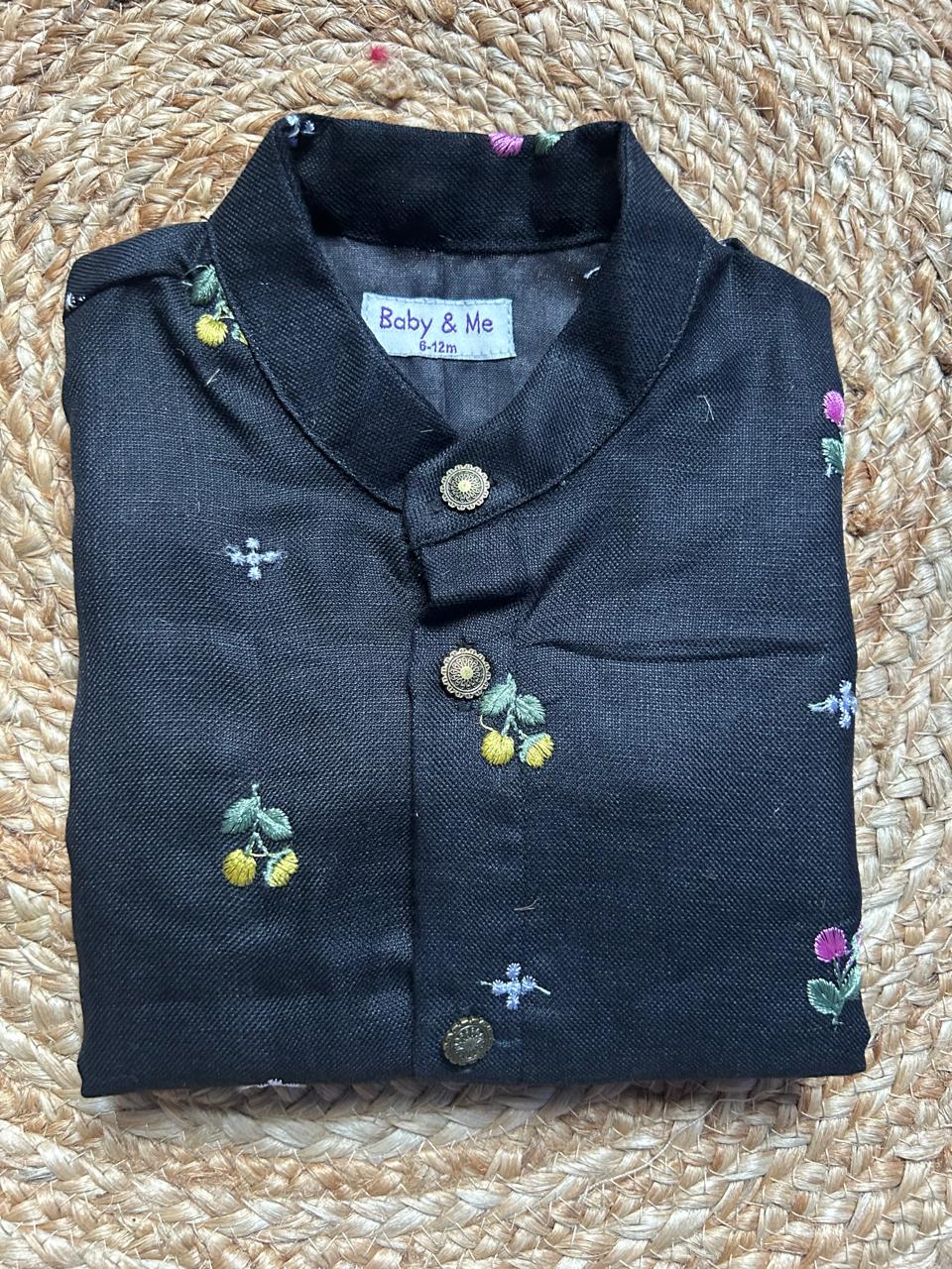 Pure Linen Black Kurta with Maroon with black border Dhoti for baby boy