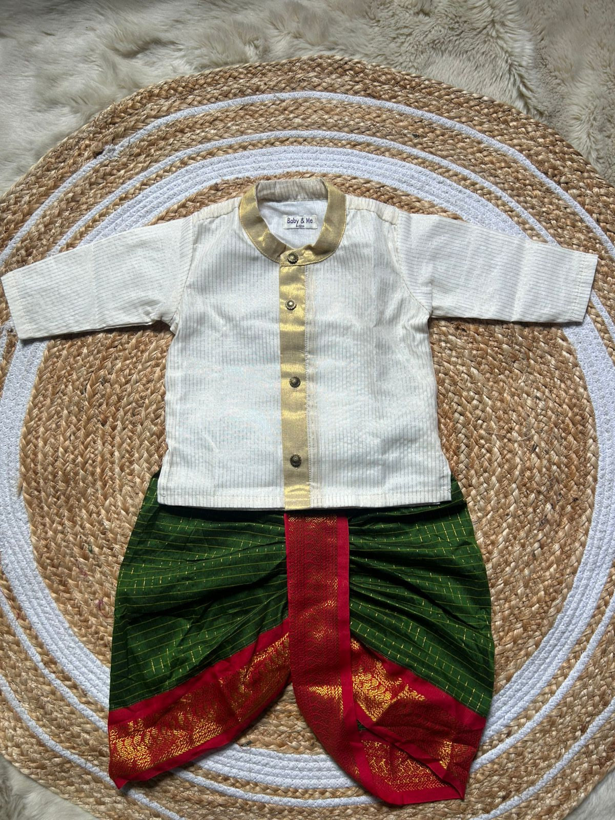 White with gold Kurta and bottle green with red checks  Dhoti for baby boy