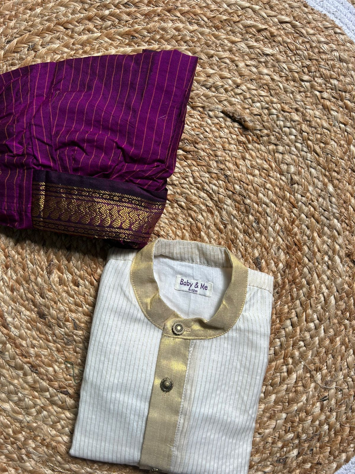 White with gold Kurta and wine stripe Dhoti for baby boy
