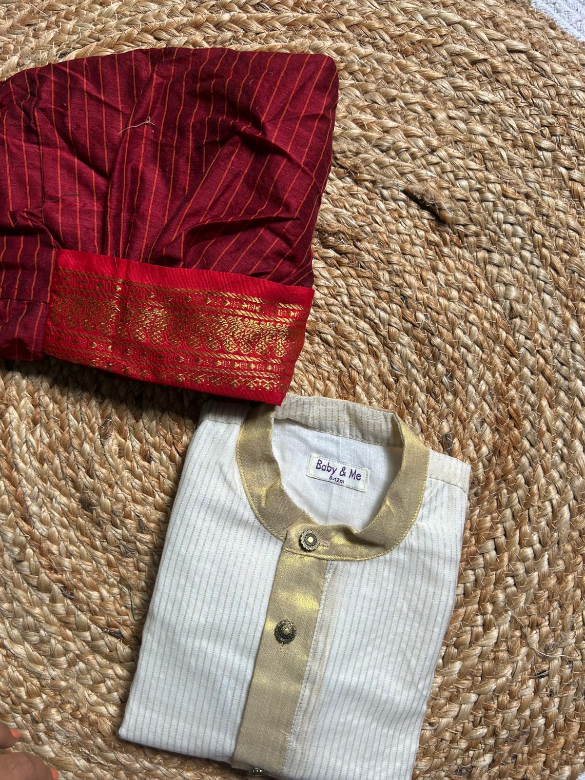 White with gold Kurta and red stripe Dhoti for baby boy