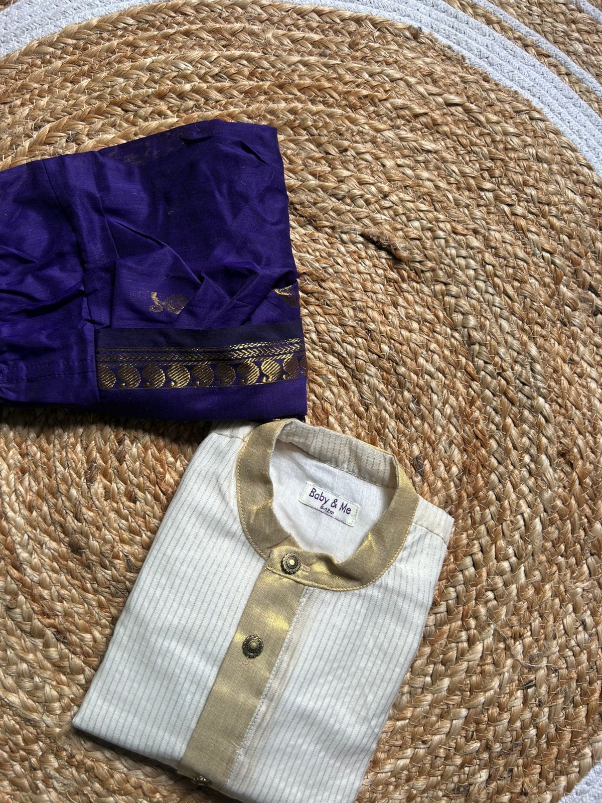 White with gold Kurta and purple Dhoti for baby boy