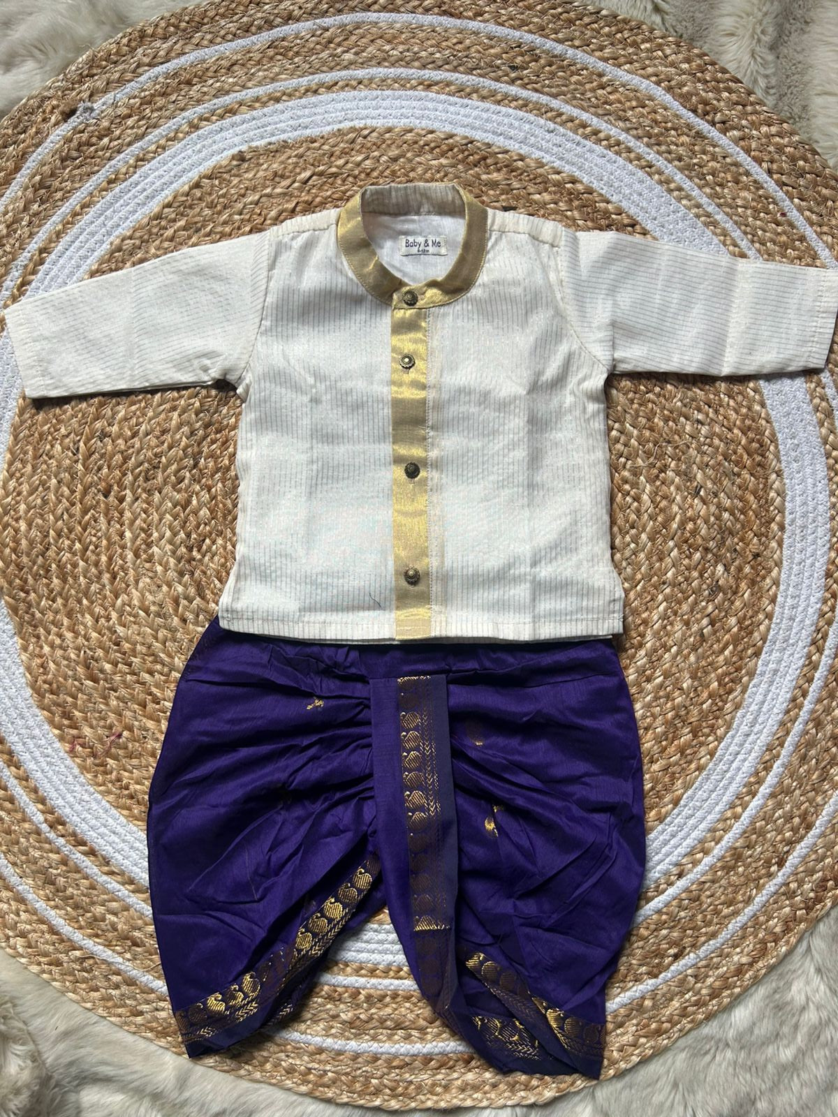 White with gold Kurta and purple Dhoti for baby boy