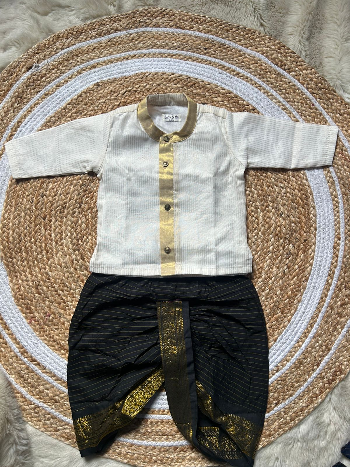 White with gold Kurta and black stripe Dhoti for baby boy