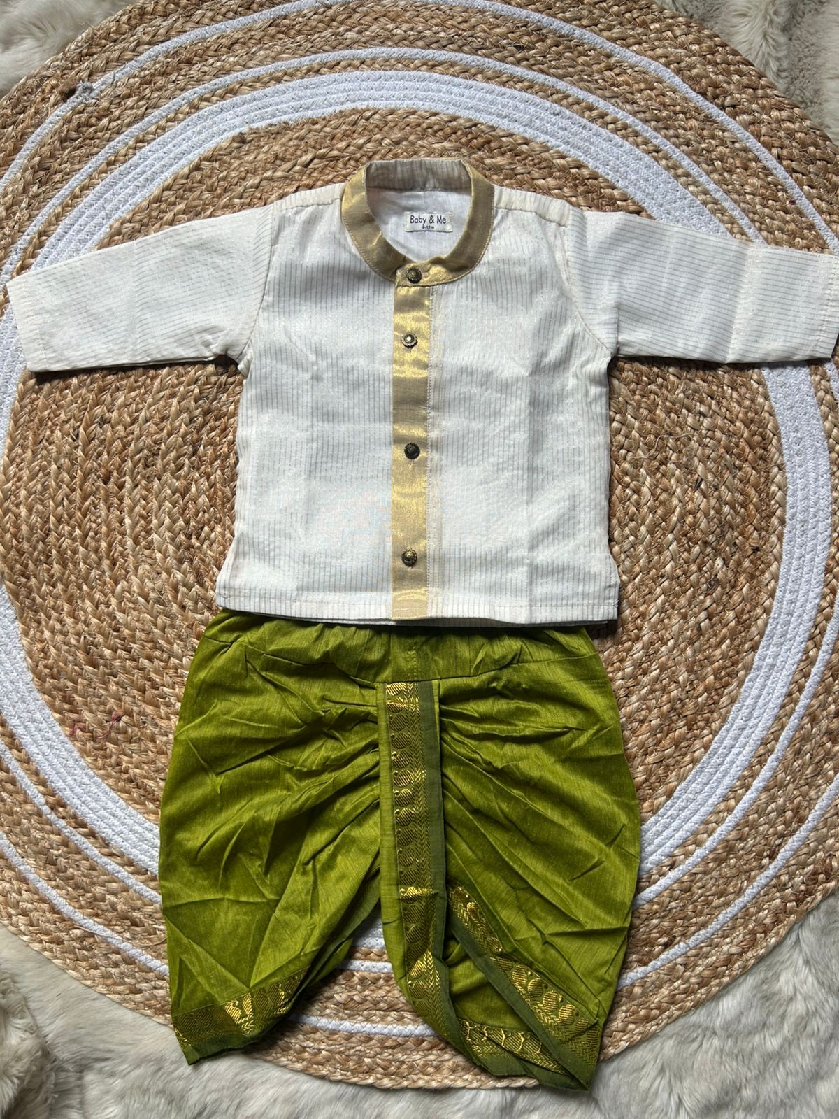 White with gold Kurta and olive green Dhoti for baby boy