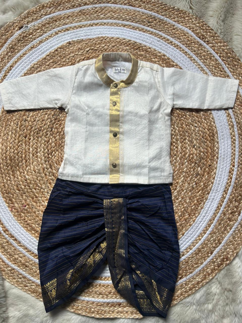 White with gold Kurta and navy blue stripe Dhoti for baby boy