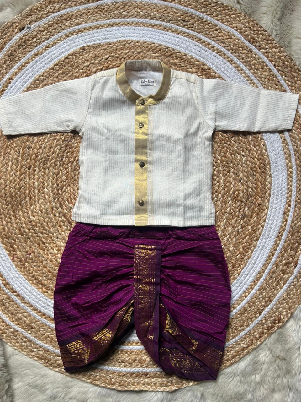 White with gold Kurta and wine stripe Dhoti for baby boy