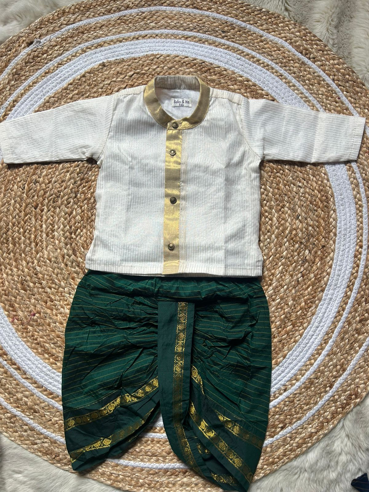 White with gold Kurta and bottle green  stripe Dhoti for baby boy