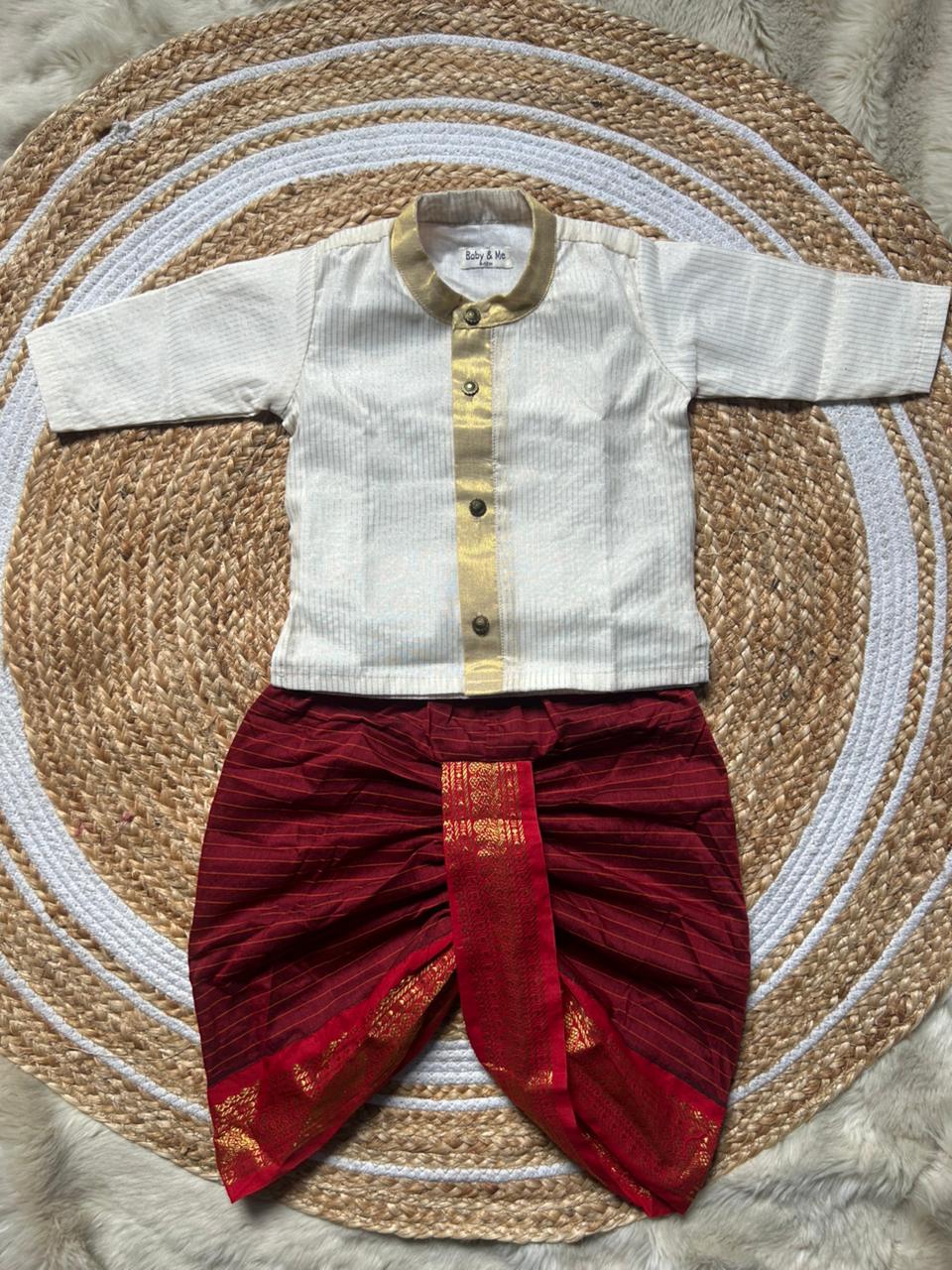White with gold Kurta and red stripe Dhoti for baby boy