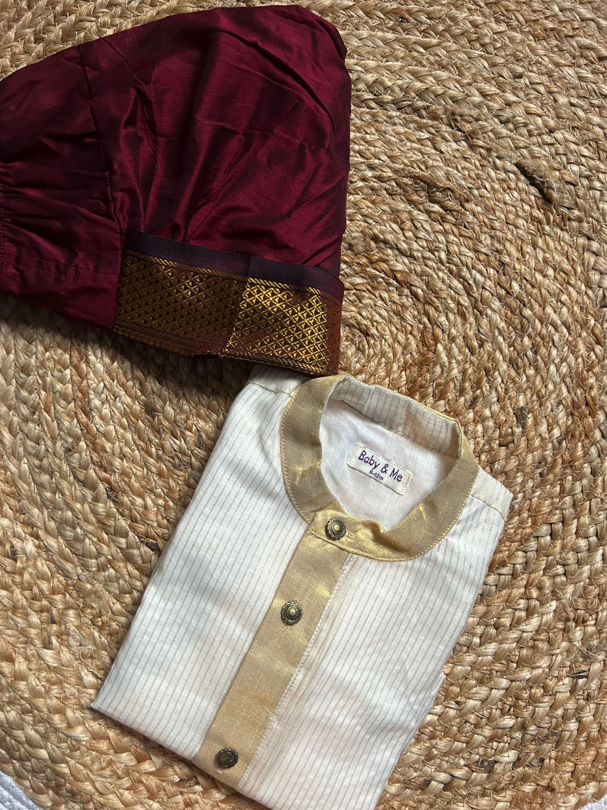 White with gold Kurta and maroon Dhoti for baby boy
