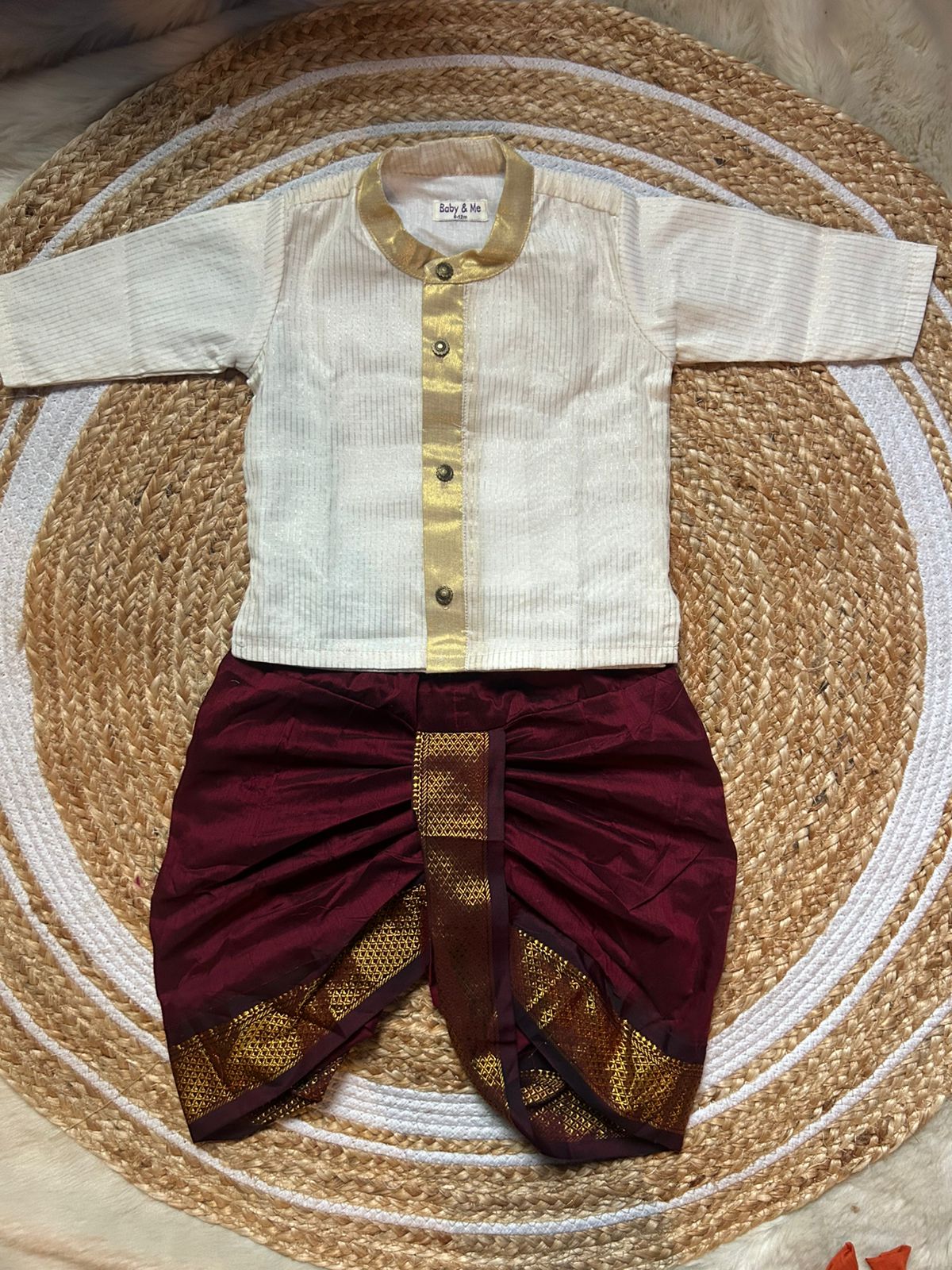 White with gold Kurta and maroon Dhoti for baby boy