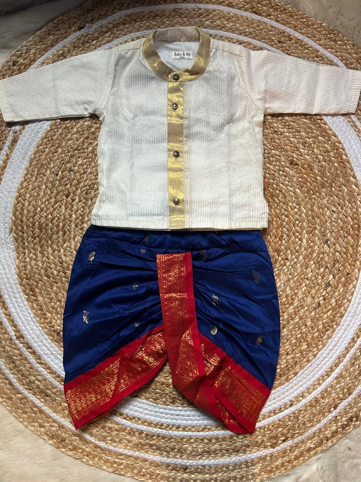 White with gold Kurta and royal blue with red Dhoti for baby boy